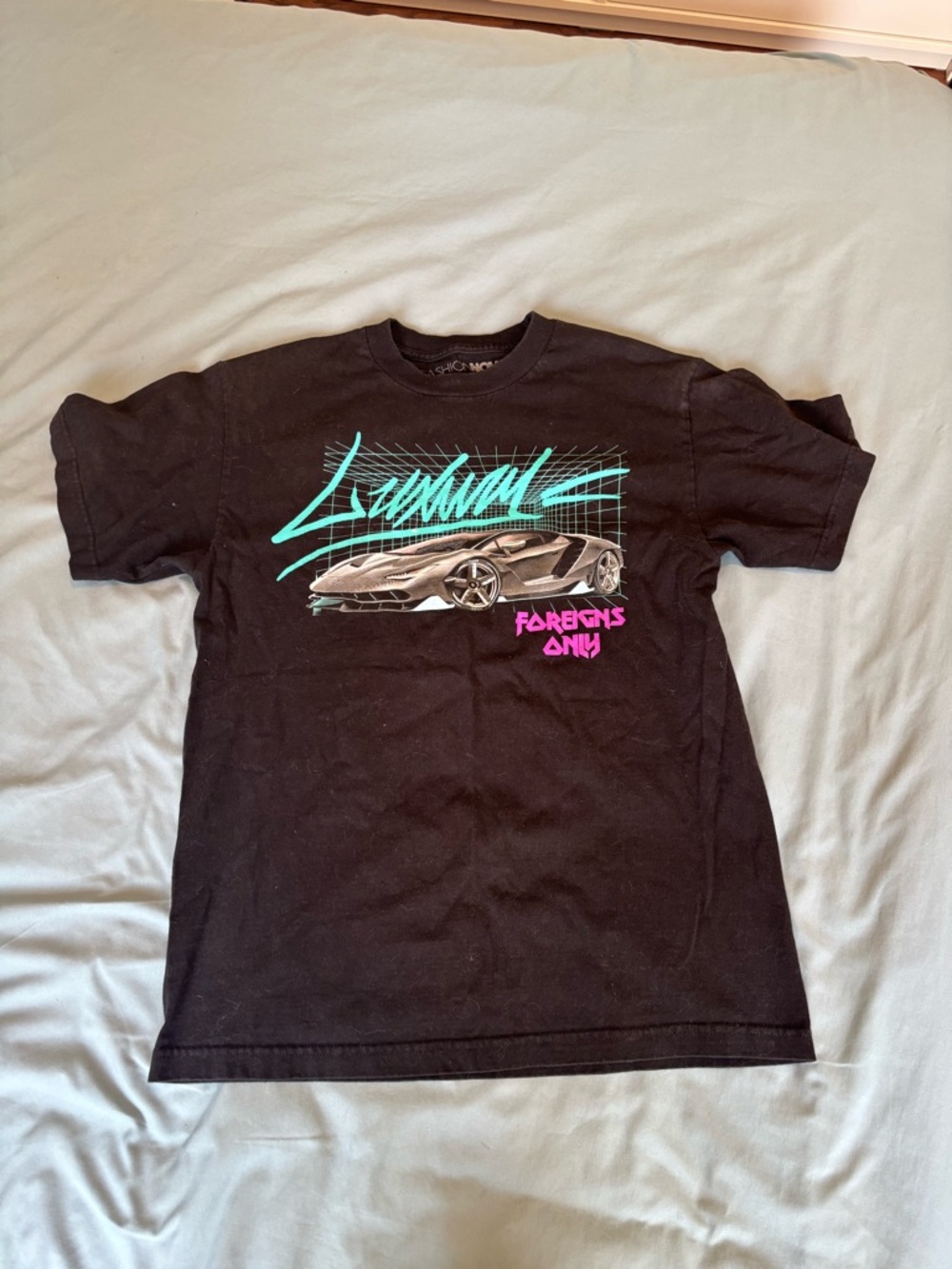 Black 'Foreigns Only' Graphic Tee with Turquoise & Pink Accents